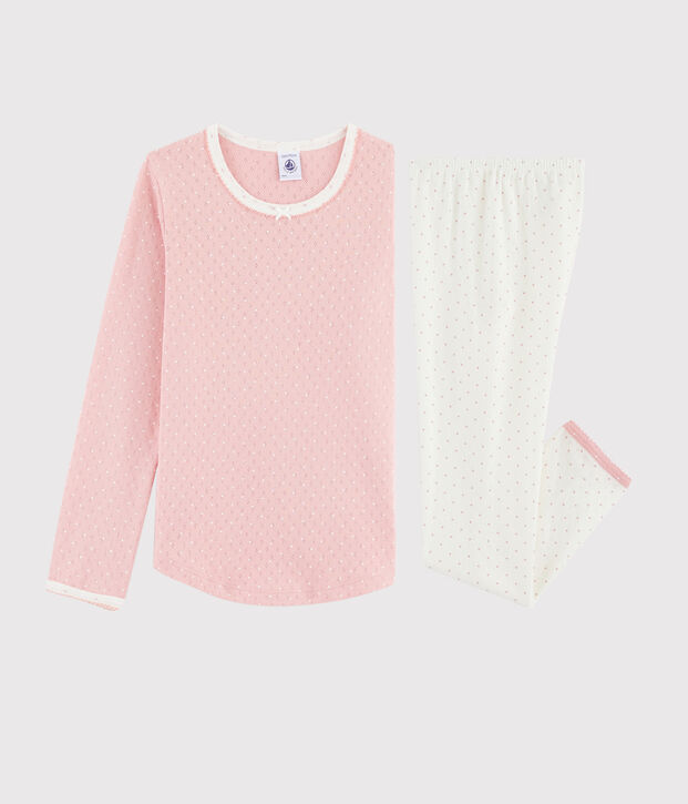 Pyjama rose &agrave; pois petite fille en c&ocirc;te troutrou blanc/rose