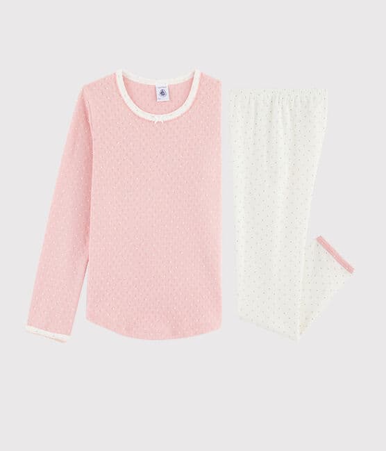Pyjama rose à pois petite fille en côte troutrou blanc MARSHMALLOW/rose CHARME