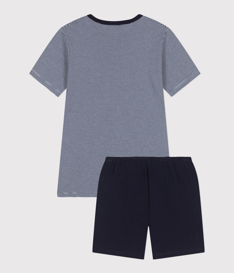 Pyjama short enfant en coton &agrave; rayures bleu MEDIEVAL/blanc MULTICO