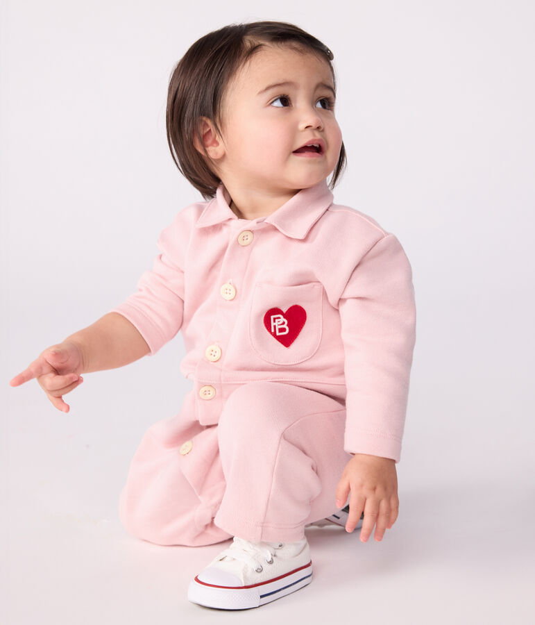 Combinaison longue b&eacute;b&eacute; en coton uni, style pompiste rose JOLI