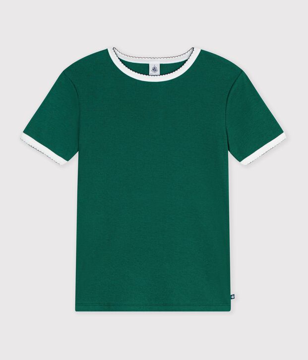 Tee-shirt femme en coton manches courtes uni vert fonc&eacute;