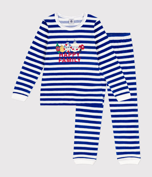 Pyjama ray&eacute; en velours enfant bleu/blanc