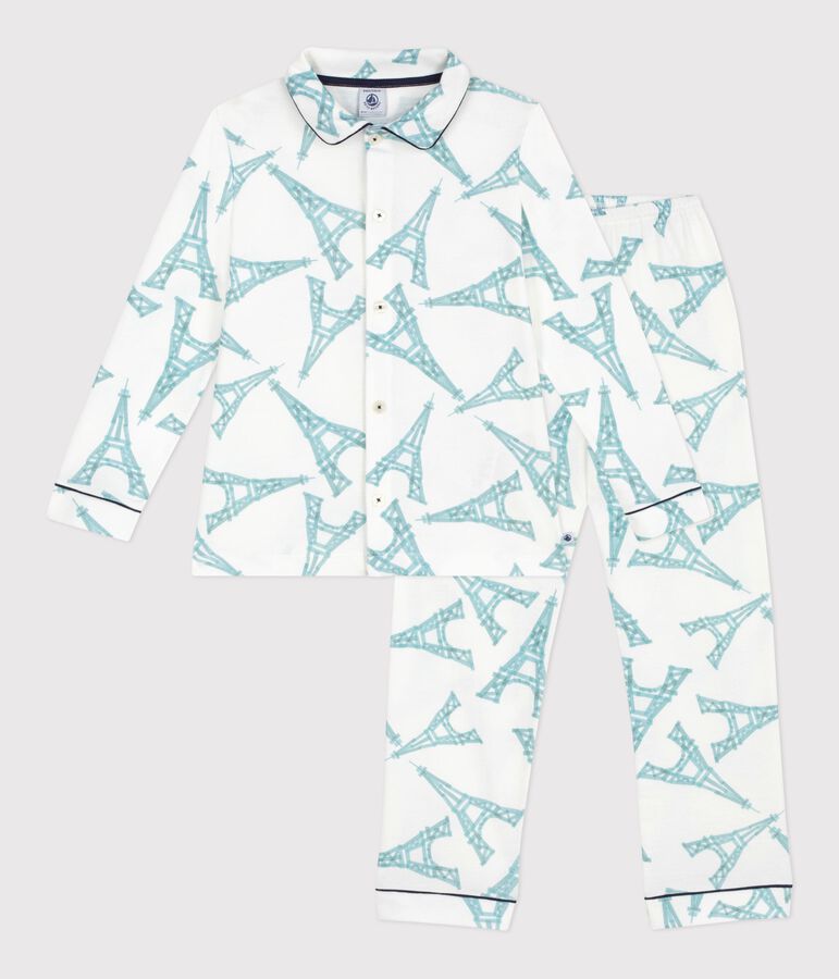 Pyjama boutonn&eacute; enfant en coton  imprim&eacute; blanc MARSHMALLOW/blanc MULTICO