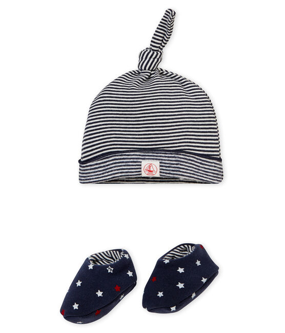 Lot bonnet et chaussons bébé garçon bleu SMOKING/blanc MULTICO