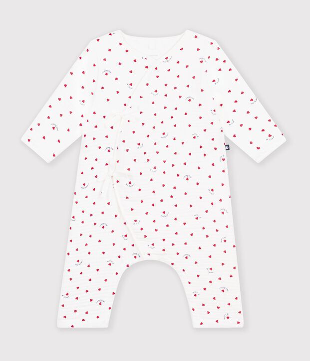 Combinaison longue  b&eacute;b&eacute; en gaze de coton imprim&eacute; petit c&oelig;urs blanc/multicouleur