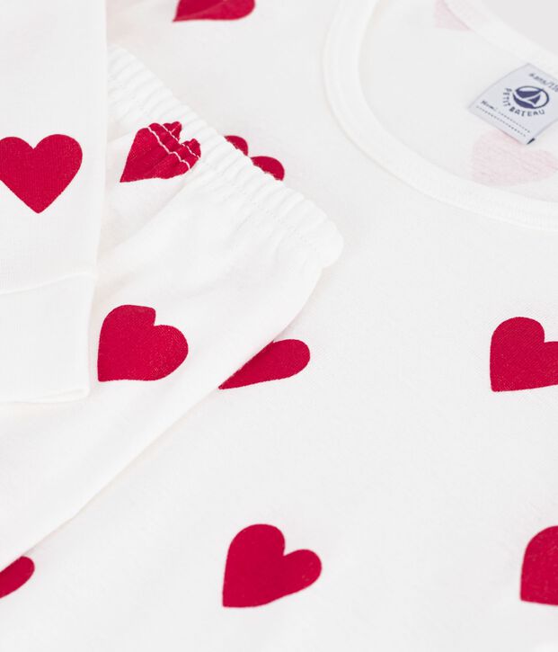 Pyjama enfant en coton mixte imprim&eacute; c&oelig;urs blanc/rouge