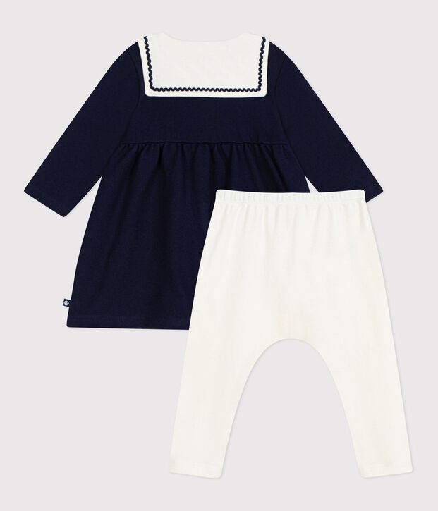 Robe b&eacute;b&eacute; esprit marin et col vareuse et legging en coton bleu/&eacute;cru