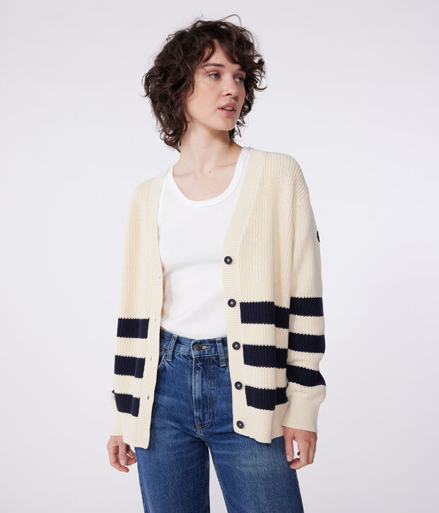 Cardigan femme en coton &agrave; rayures &eacute;cru/bleu