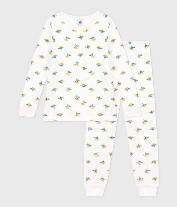 Pyjama fleur petite fille en bouclette &eacute;ponge blanc/multicouleur