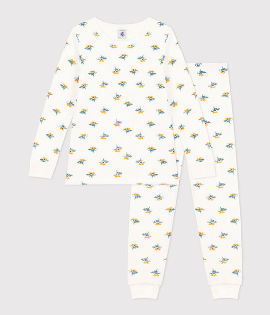 Pyjama fleur petite fille en bouclette éponge blanc MARSHMALLOW/blanc MULTICO
