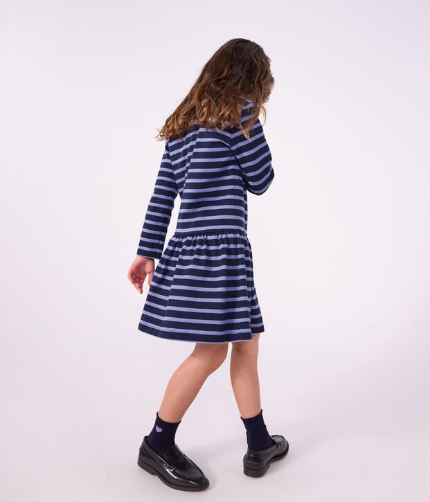 Robe enfant en coton manches longues &agrave; rayures bleu/violet