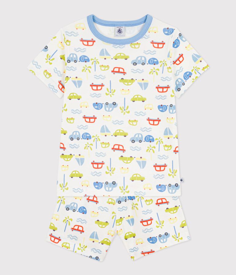 Pyjama short enfant en coton imprim&eacute; voitures blanc MARSHMALLOW/blanc MULTICO