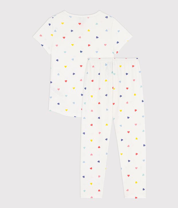 Pyjama enfant en coton manches courtes jambes longues &agrave; c&oelig;urs blanc/multicouleur