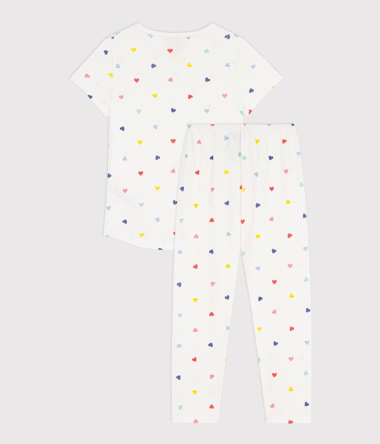 Pyjama enfant en coton manches courtes jambes longues &agrave; c&oelig;urs blanc MARSHMALLOW/blanc MULTICO