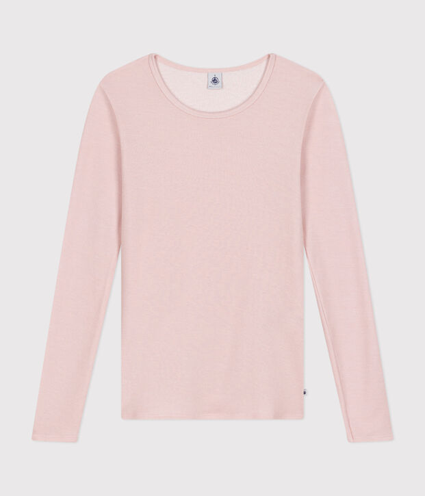 Tee-shirt manches longues en laine et coton femme rose