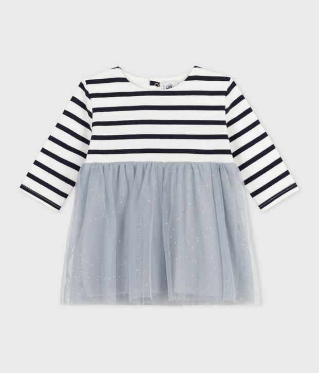 Robe b&eacute;b&eacute; bi-mati&egrave;re manches longues bleu/multicouleur