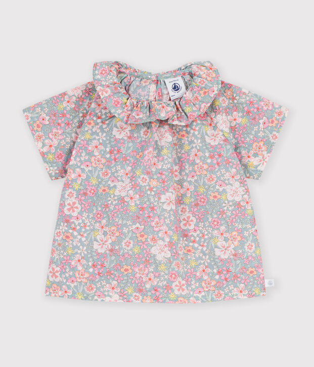 Blouse b&eacute;b&eacute; en coton manches courtes imrpim&eacute;e fleurs bleu/multicouleur