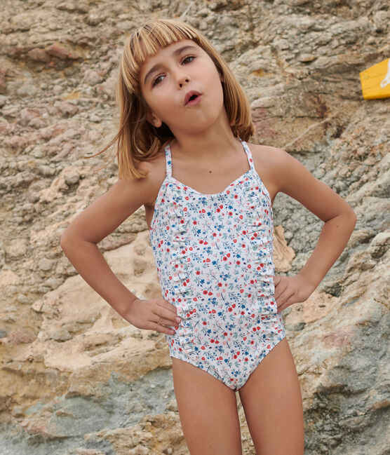 Maillot de bain une pièce enfant fleuri blanc MARSHMALLOW/blanc MULTICO