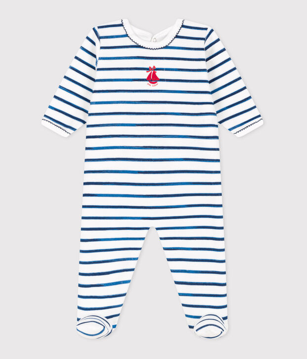 Pyjama b&eacute;b&eacute; en velours ouverture au dos ray&eacute; blanc/bleu