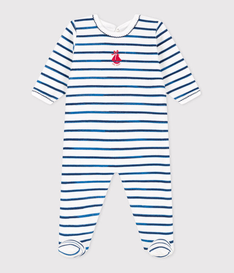 Pyjama b&eacute;b&eacute; en velours ouverture au dos ray&eacute; blanc/bleu