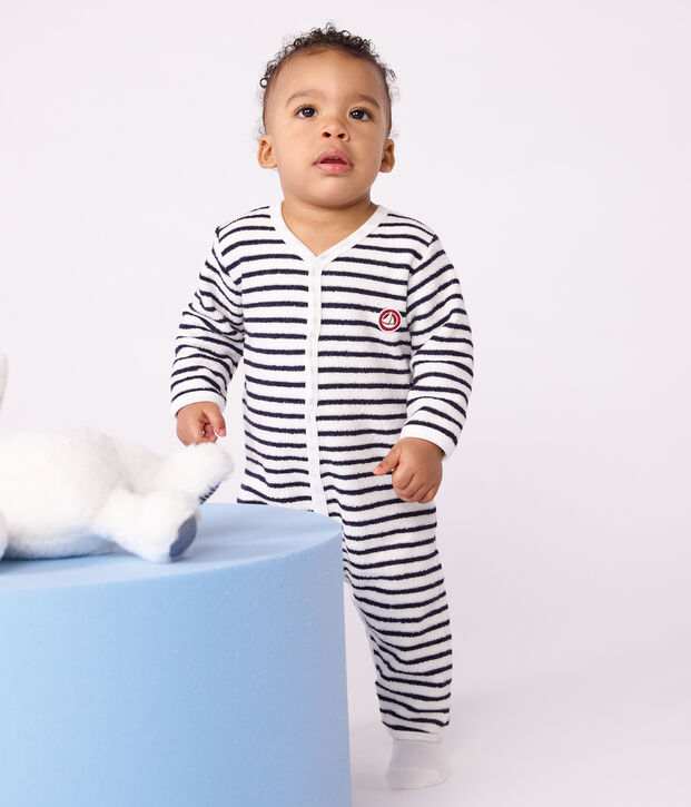 Pyjama b&eacute;b&eacute; en coton sans pieds imprim&eacute; rayures bleu/bleu