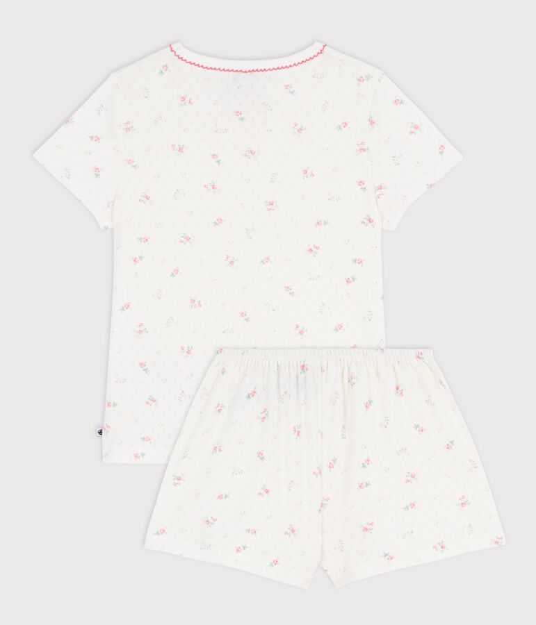 Pyjama short enfant en coton ajour&eacute; imprim&eacute; fleuri blanc MARSHMALLOW/blanc MULTICO