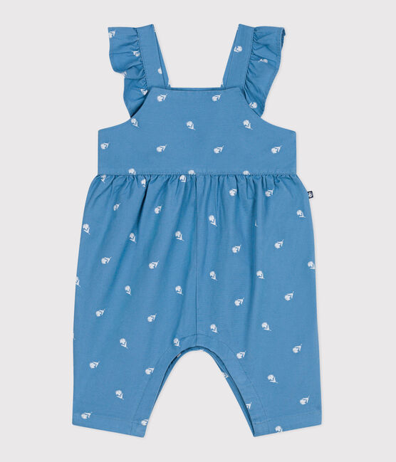 Salopette bébé en coton jambes longues, brodée de fleurs bleu ALASKA/blanc MARSHMALLOW