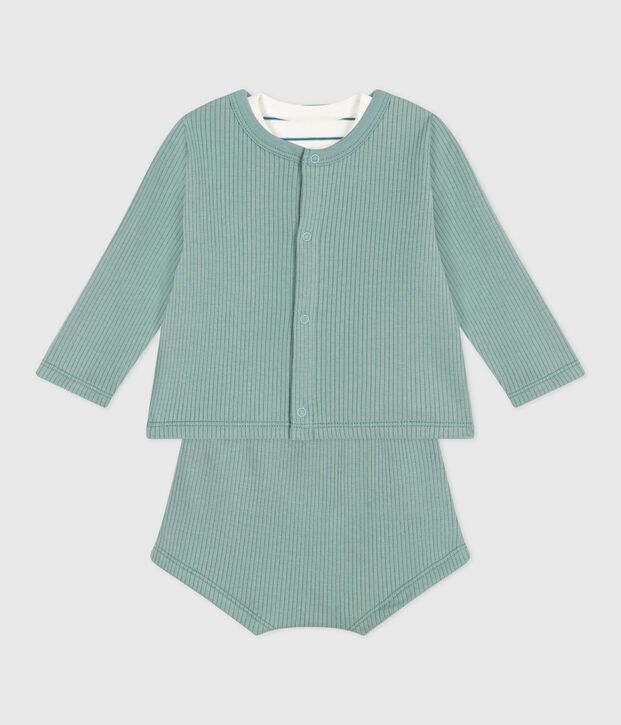 Ensemble naissance trois pi&egrave;ces en coton et t-shirt ray&eacute; citron vert/multicouleur