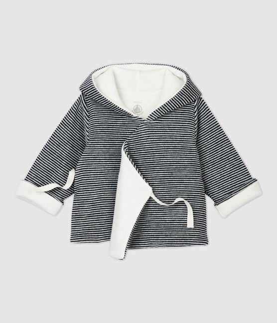 Veste rayée à capuche bébé en velours de coton biologique blanc MARSHMALLOW/bleu SMOKING