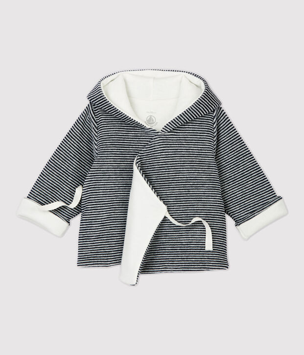 Veste ray&eacute;e &agrave; capuche b&eacute;b&eacute; en velours de coton biologique blanc/bleu