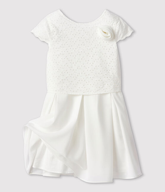 Robe cérémonie en broderie et crêpe enfant fille blanc MARSHMALLOW