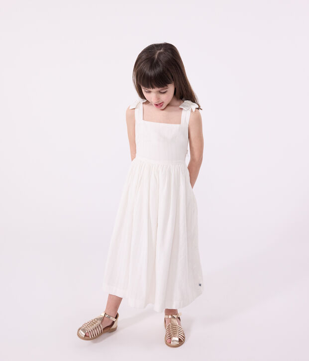 Robe longue &agrave; bretelles enfant en coton uni blanc