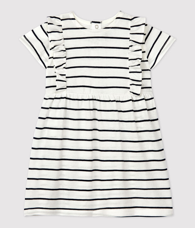 Robe manches courtes ray&eacute;e en jersey b&eacute;b&eacute; blanc/bleu