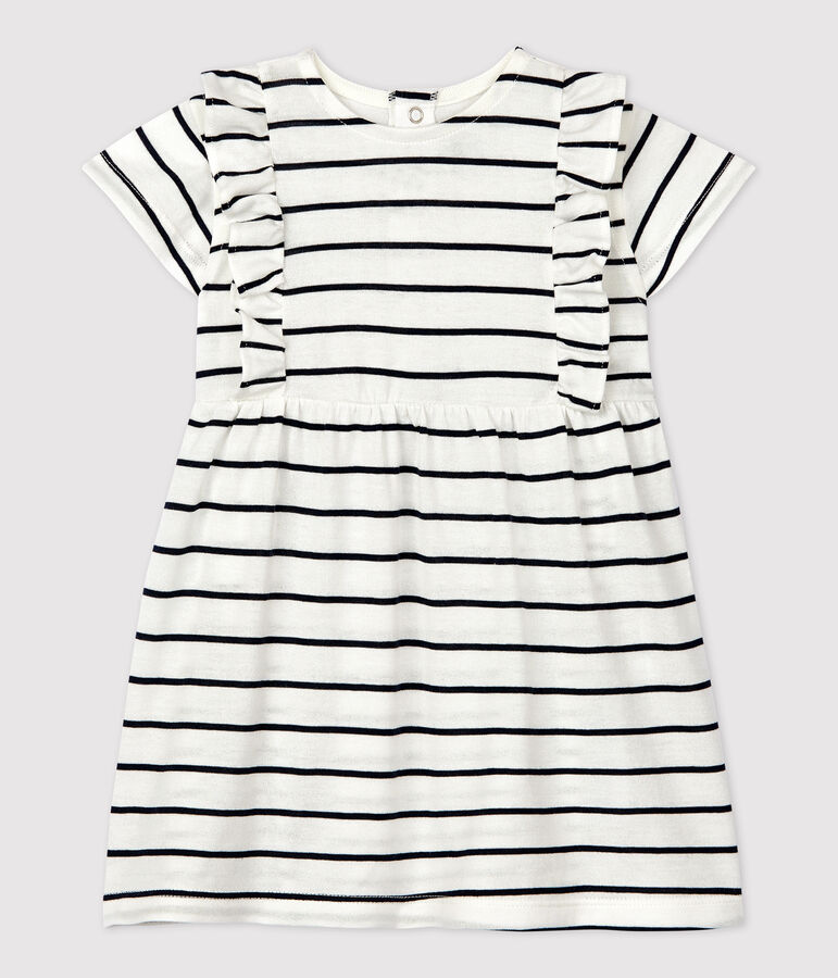 Robe manches courtes ray&eacute;e en jersey b&eacute;b&eacute; blanc MARSHMALLOW/bleu SMOKING