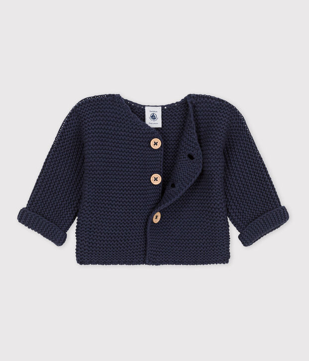 Cardigan b&eacute;b&eacute; tricot point mousse en coton bleu