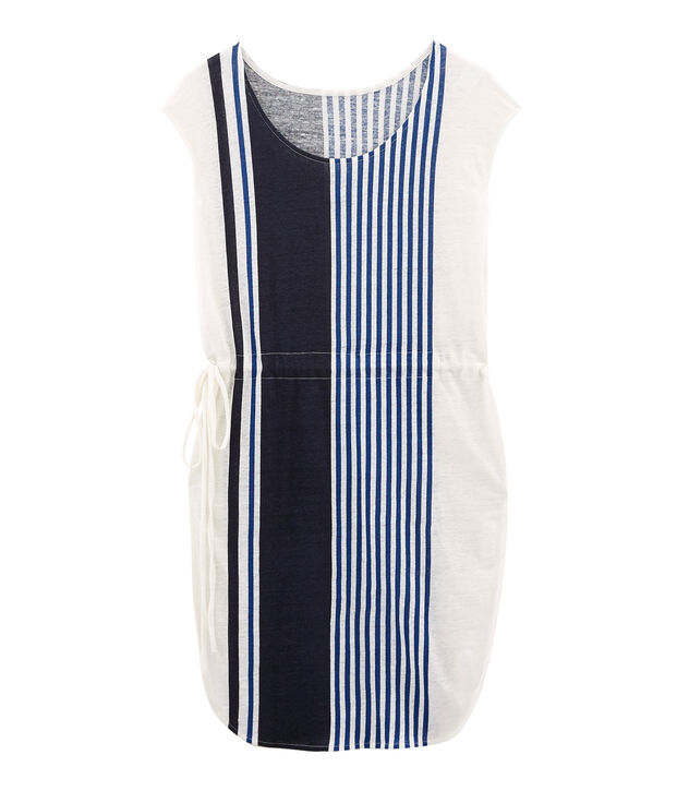 Robe manches courtes femme en lin blanc/multicouleur