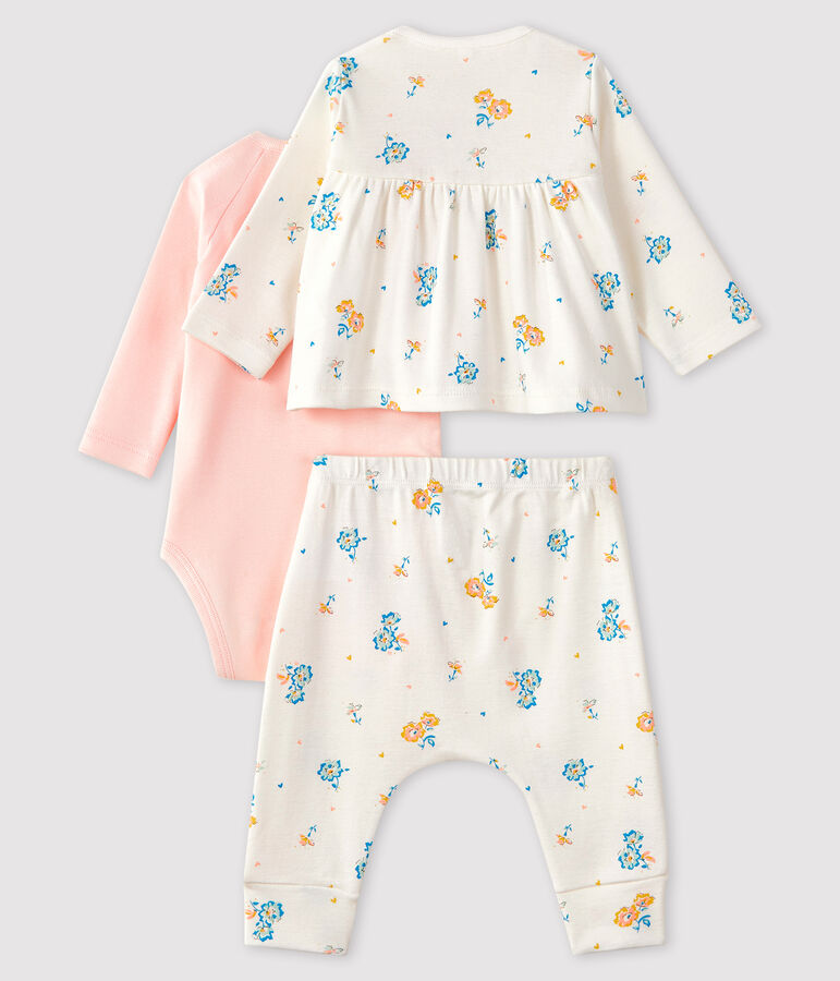 Ensemble 3 pi&egrave;ces b&eacute;b&eacute; fille en c&ocirc;te blanc MARSHMALLOW/blanc MULTICO