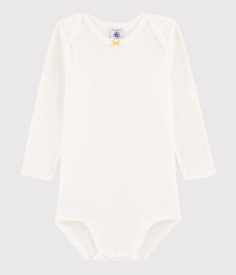 Body manches longues b&eacute;b&eacute; fille blanc MARSHMALLOW/jaune BLE
