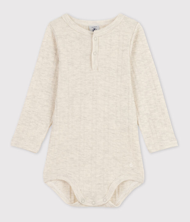 Body manches longues b&eacute;b&eacute; col tunisien en coton beige chin&eacute;