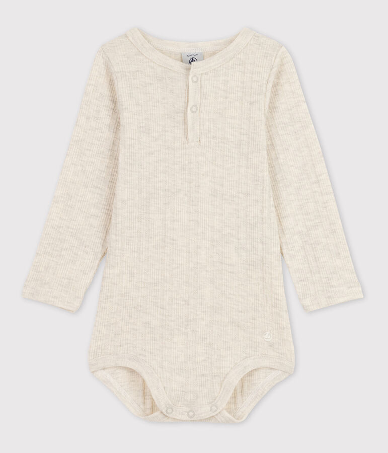 Body manches longues b&eacute;b&eacute; col tunisien en coton beige MONTELIMAR CHINE