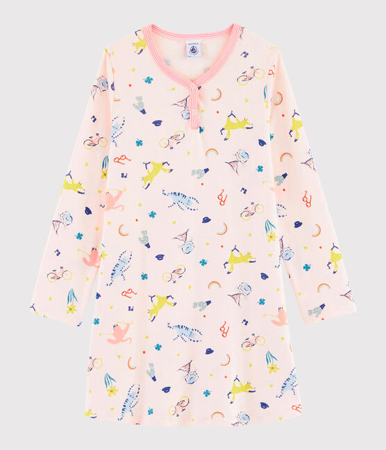 Chemise de nuit imprimé fantaisie petite fille en côte rose FLEUR/blanc MULTICO