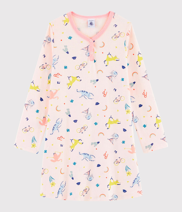 Chemise de nuit imprim&eacute; fantaisie petite fille en c&ocirc;te rose FLEUR/blanc MULTICO