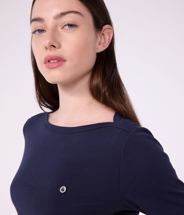 Tee-shirt femme col amiral en coton manches longues bleu marine