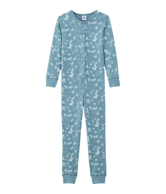 Combinaison longue petite fille en côte bleu FONTAINE/blanc MARSHMALLOW