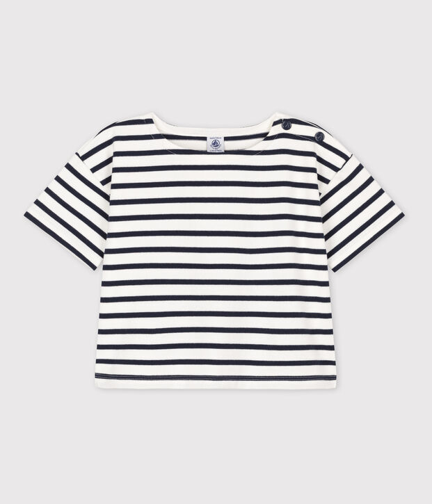 Tee-shirt ray&eacute; manches courtes en coton enfant fille blanc/bleu