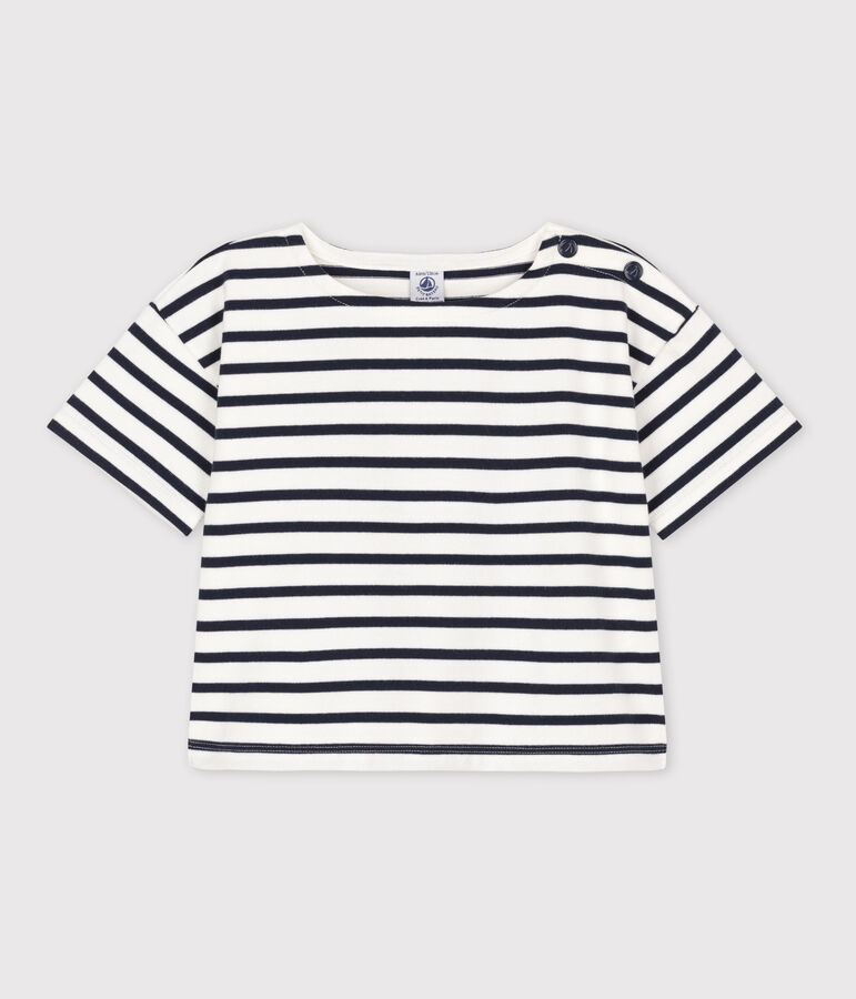 Tee-shirt ray&eacute; manches courtes en coton enfant fille blanc MARSHMALLOW/bleu SMOKING