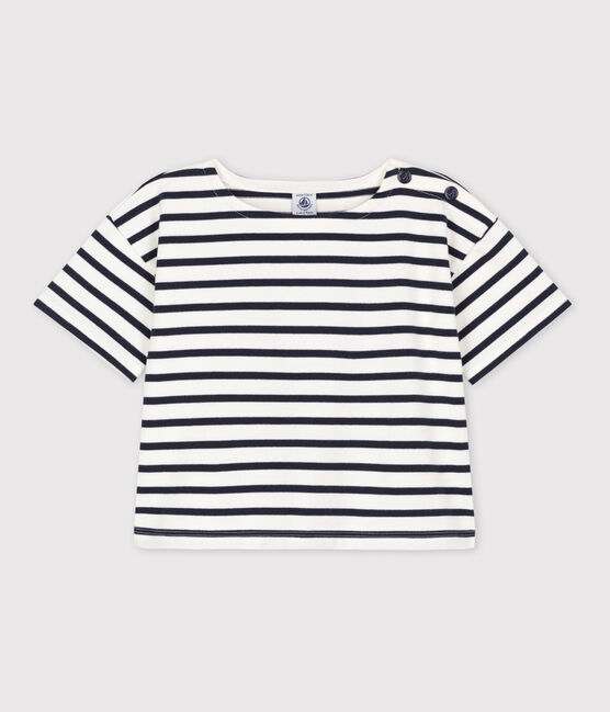 Tee-shirt rayé manches courtes en coton enfant fille blanc MARSHMALLOW/bleu SMOKING