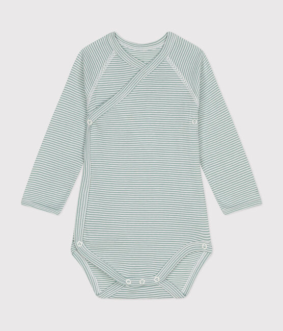 Body croisés manches longues en coton bébé bleu PAUL/blanc MARSHMALLOW