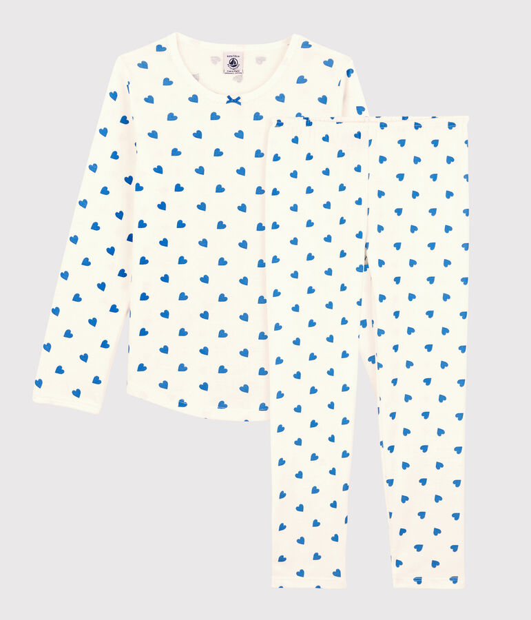 Pyjama c&oelig;urs bleus petite fille en coton blanc MARSHMALLOW/bleu BRASIER