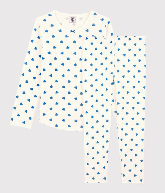 Pyjama cœurs bleus petite fille en coton blanc MARSHMALLOW/bleu BRASIER